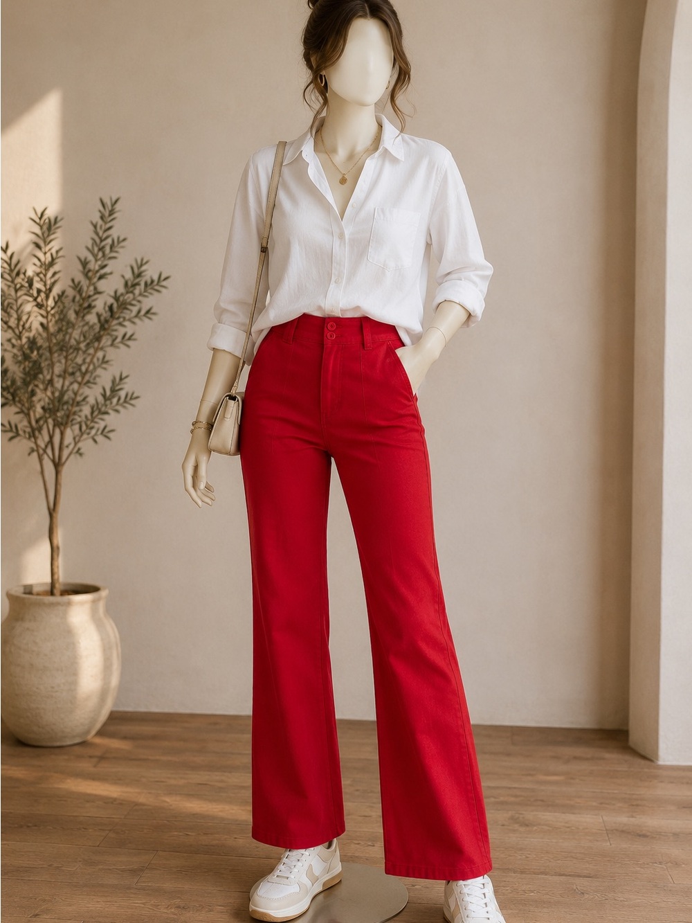 Red High-Waist Flare Jeans for Women - Classic Wide Leg
